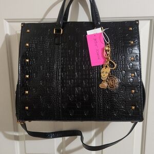 Betsey Johnson Black Croc Embossed Skull Satchel with Gold Studs NWT